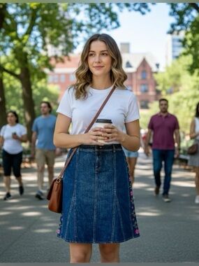 Bandolino Dark Blue Denim Jean Skirt with Embroidered Side Panels